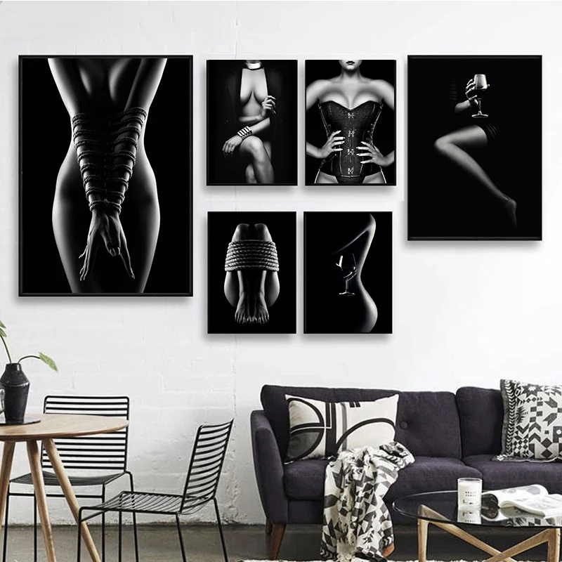 لوحات قماشية عارية بالأبيض والأسود مثيرة للنساء ، ملصقات ، مطبوعات ، فن جداري ، سيجارة ، نبيذ أحمر ، منزل ، ديكور غرفة ، صور #2