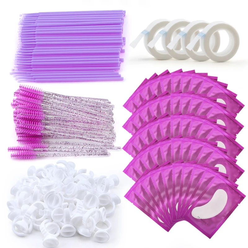 Zestaw do przedłużania rzęs: aplikator do tuszu, szczoteczka do rzęs, kryształowe waciki, pierścienie na klej, taśma, podkładki pod oczy, narzędzia do makijażu rzęs.