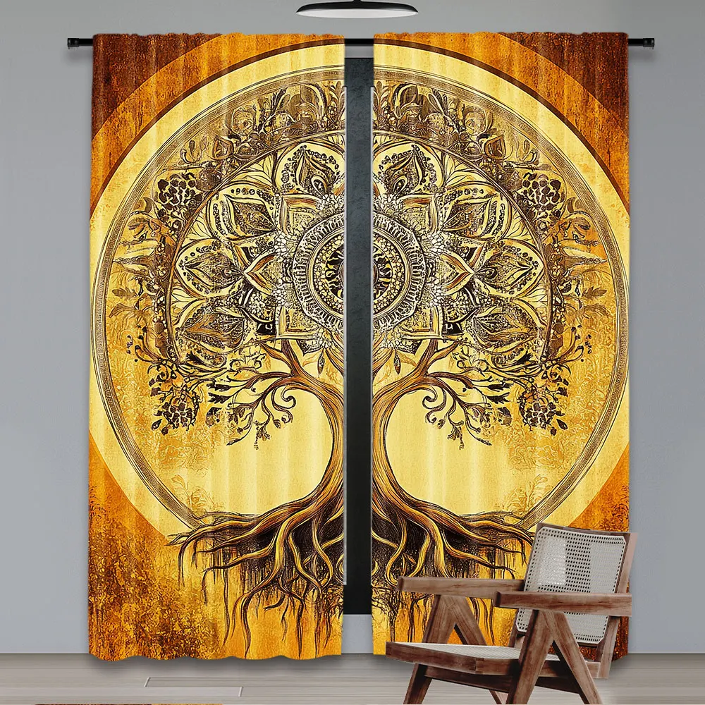 2Pcs Boho Curtain Oriental Atmosphere Warm Tone Ornate Life Tree With Warm Hues For Bedroom Living Room Dining Room And Bathroom