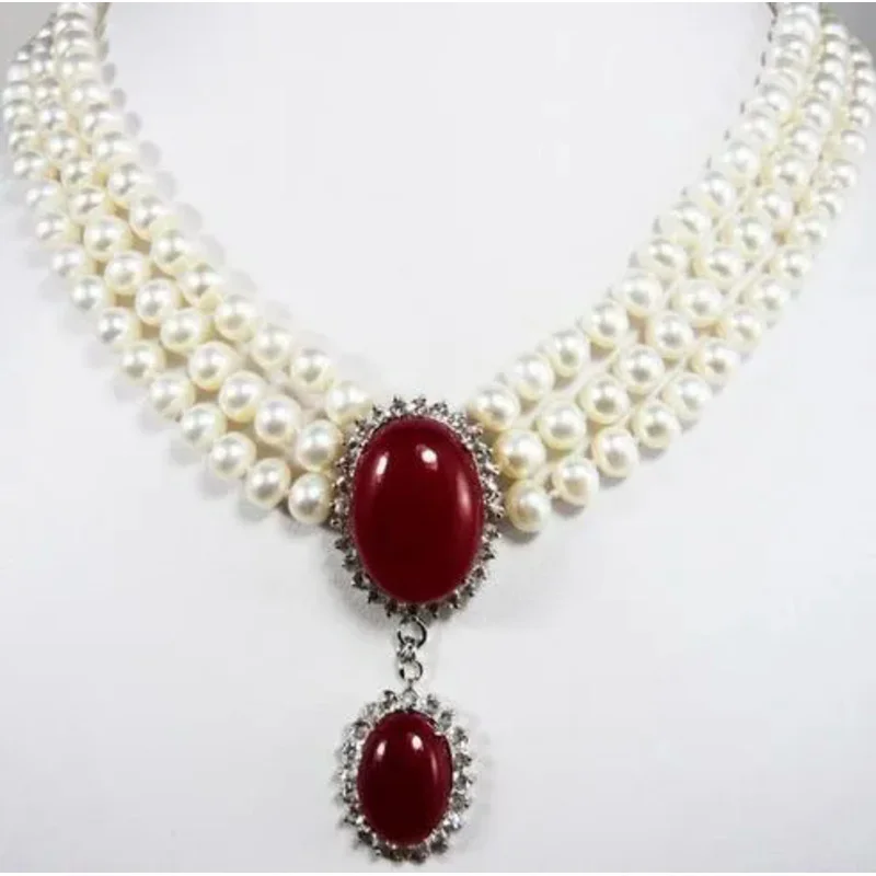 

Present! Wholesale-Beautiful Christmas jewelry 3 rows of white pearl and Red jade pendant nelace