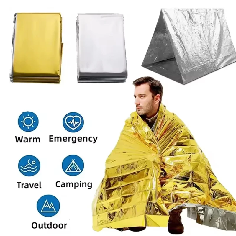 

Emergency Thermal Poncho Blanket Lightweight Folding Water Resistant Windproof Sunshade Reusable First Aid Camping Mat Pad Cover