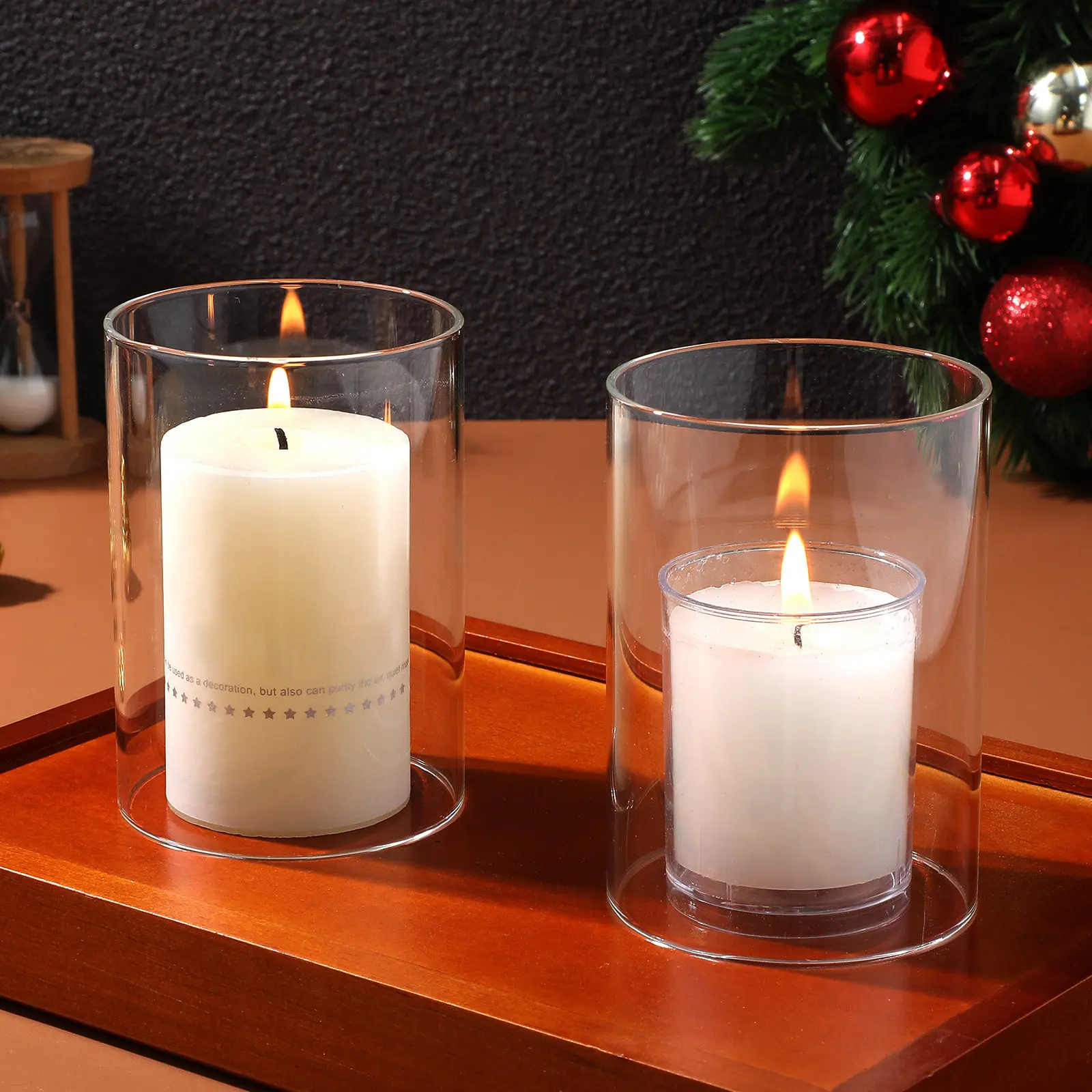 2Pcs Glass Shades Transparent Cylinder Candleholder Covers Dustproof Decorative Home Desktop