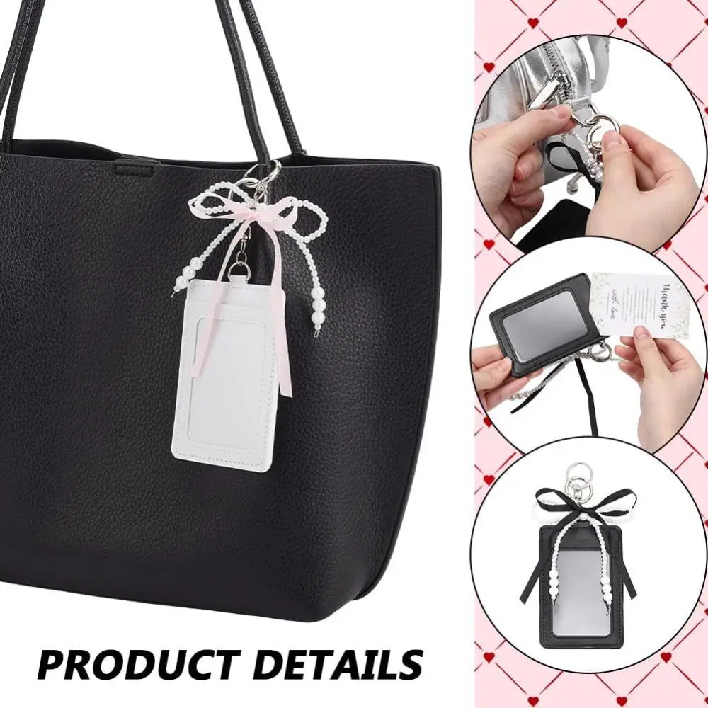 Stylish INS Style Cute Photocard Holder Decorative Pearl Bow Photos Bag Charm Soft PU Protective ID Card Case Bank Card