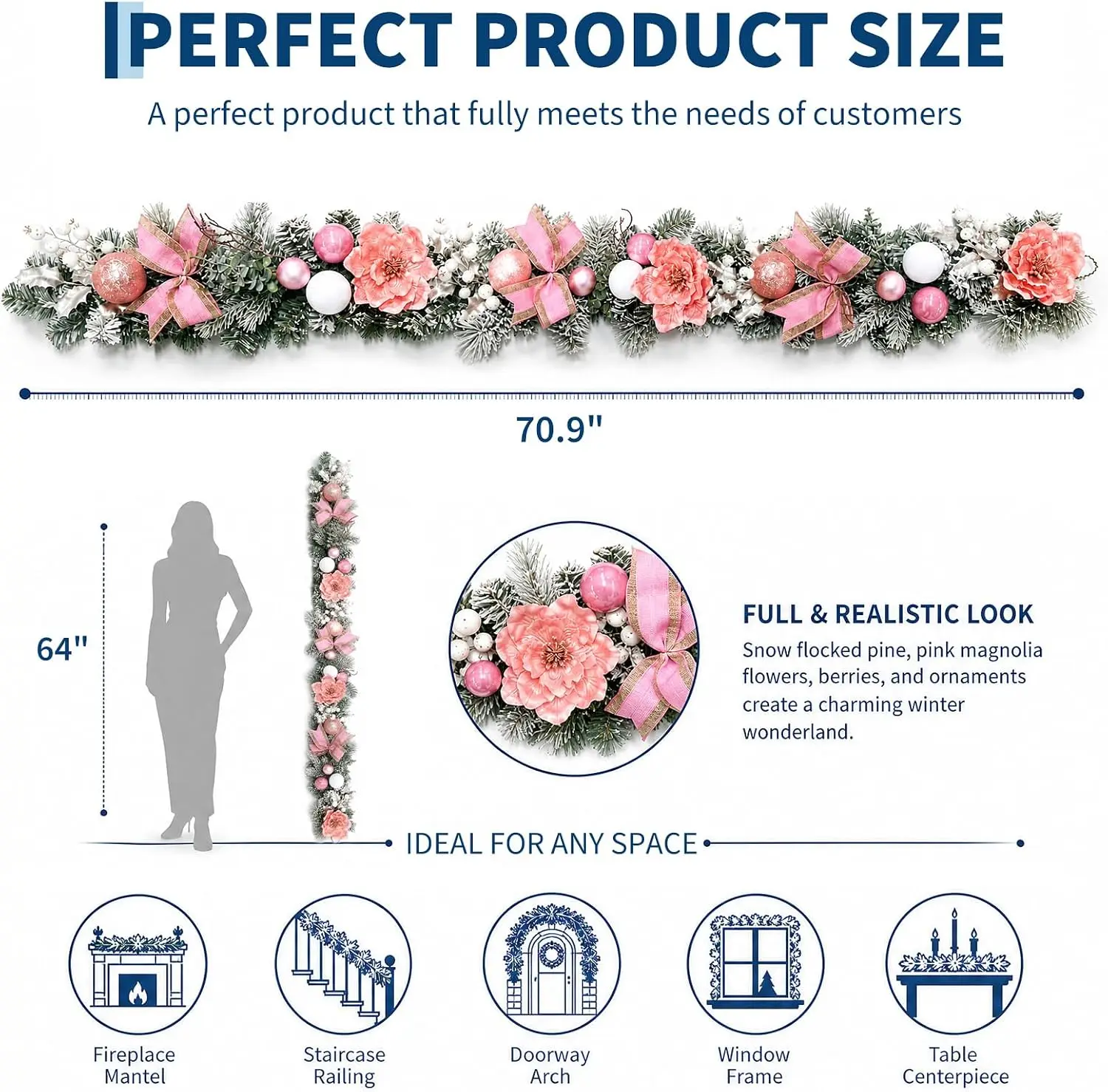 180cm Christmas Garland With Pink Magnolia Artificial Flowers 20 LED Lights 8 Modes And Timer Battery Operated Rattan Vine Decor For Indoor Outdoor Mantel Fireplace And Stair - view 2