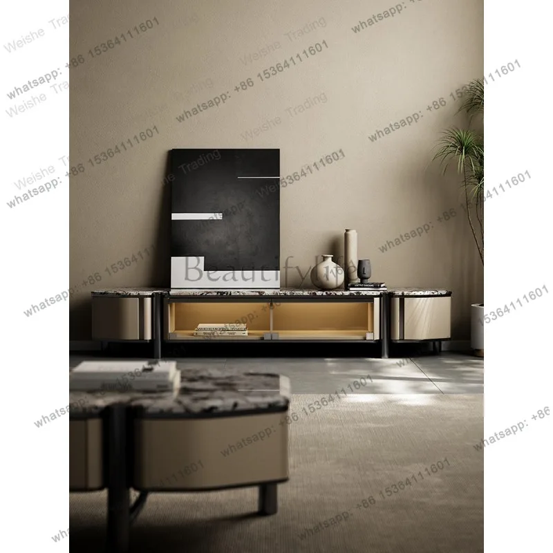 zj.Natural luxury stone coffee table TV cabinet combination large flat layer household floor cabinet TV cabinet
