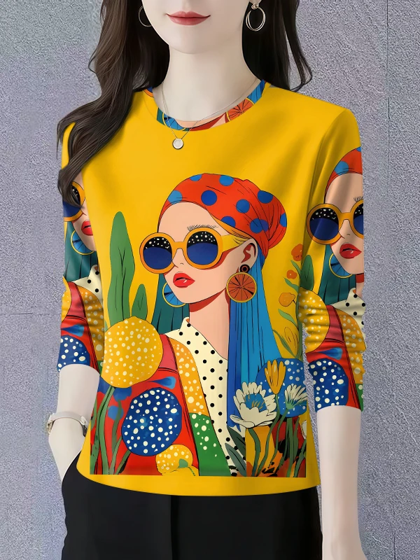 New Long Sleeve 2025 Printed Anti-Aging round Neck Spring Autumn Mom T-Shirt Belly Covering Slimming Versatile Base Shirt Women