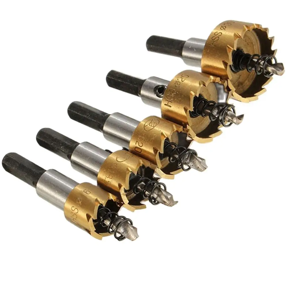 

5Pcs Titanium Coated HSS Drill Bit Hole Saw Set Stainless Steel Metal Alloy Cutting 16 18.5 20 25 30mm for Woodworkingtool parts