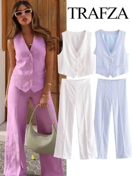 Trafza-ノースリーブの女性用リネンスーツ,Vネックベスト,スリムトップ,ワイドレッグパンツ,モノクロベスト,セクシーでファッショナブル,2個