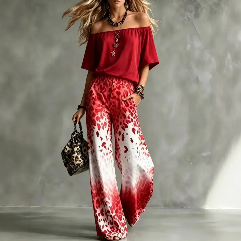 Women Off Shoulder Top Gradient Leopard Print Wide Leg Pants 2 Piece Set Loose Matching Set Ladies High Waist Elastic Waist