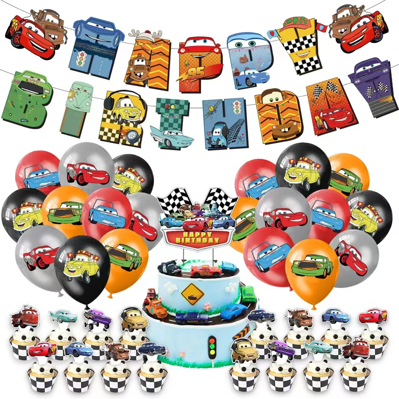 

56 pcs decoration flags for the "Cars United" themed birthday party, balloons for the party, racing car-themed party supplies