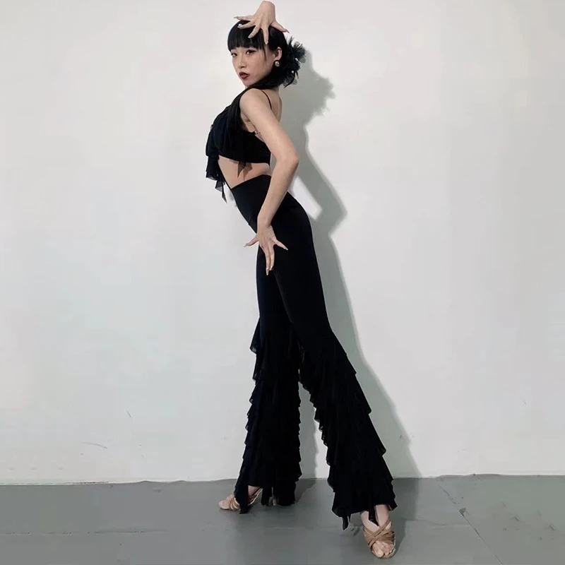 Latin Dance Clothes Women Black Ruffled Tops Fringed Pants Cha Cha Rumba Samba Dance Performance Costume Practice Wear DNV18875