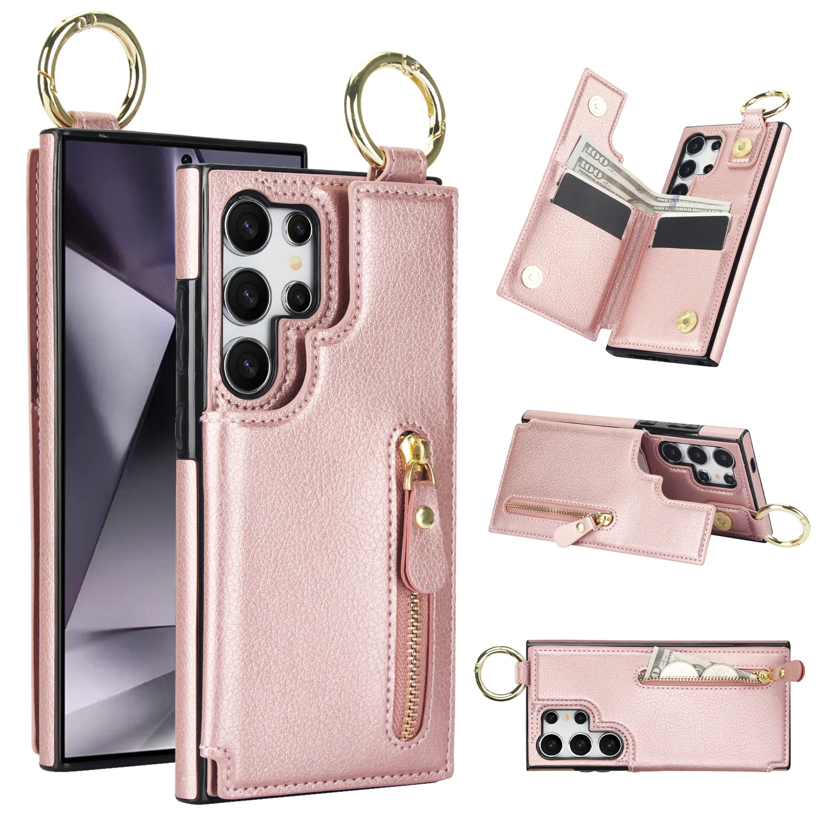 

Leather Zipper Card Holder Wallet Case For Samsung Galaxy S24 Ultra S23 S22 S21 Plus, Ring Double Buckle Cards Slots Stand Cover