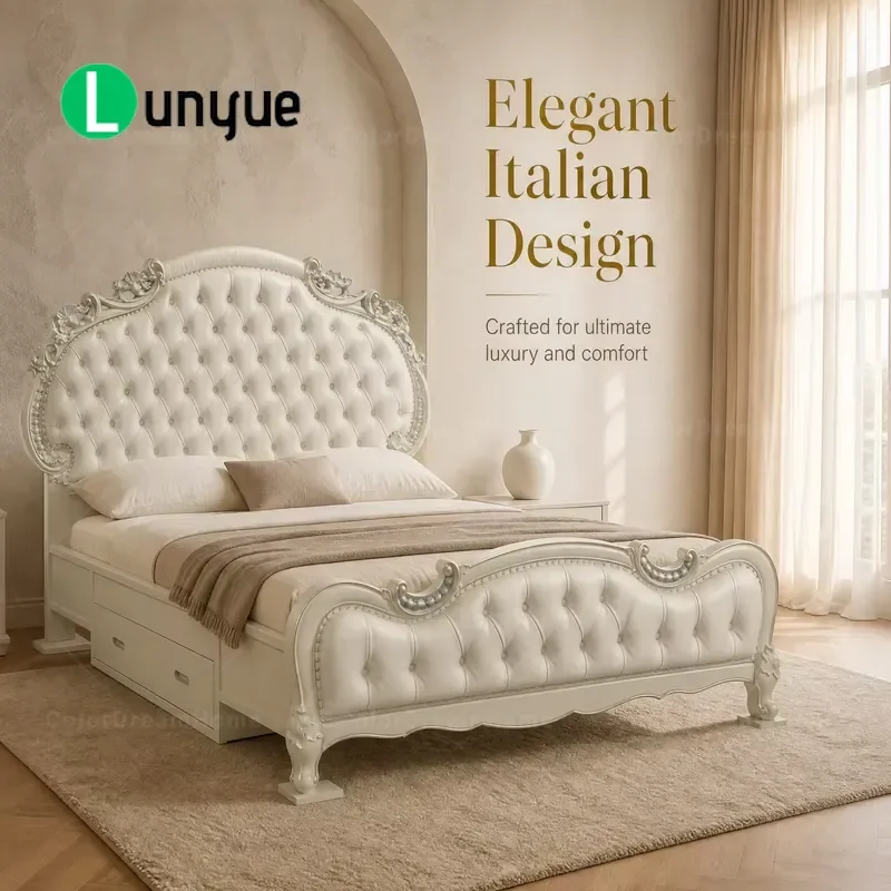 Deluxe White European Solid Wood Bed Frame Hand Carved with Storage Space for Bedroom Furniture Set