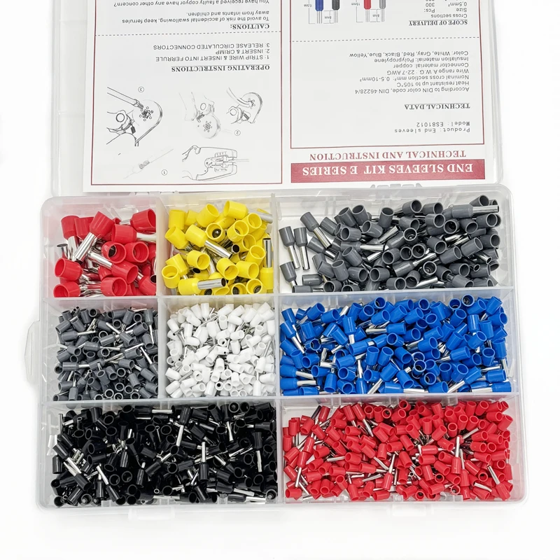 1500PCS Tubular Crimp Terminals Electrical Wire Cable Ferrules Connectors E0508 E6012 E7508 E1008 E1508 E1012 Ring Sleeve
