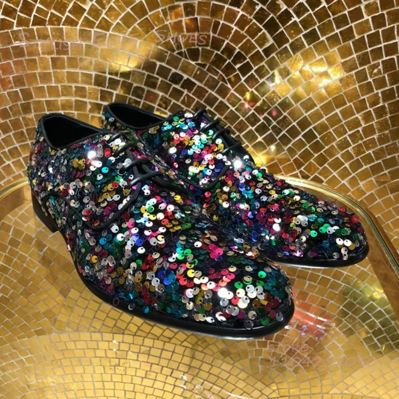 

Luminous Colored Scales Men's Loafers Tassel Edge Flat Gentleman Lace-Up Derby Sneakers Black Suede Leather Spring Party Shoes
