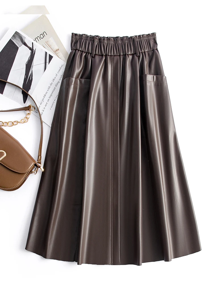 

Женская кожаная юбка А-силуэта средней длины с высокой талией из овчины для подружек невесты, повседневная одежда, весна-осень