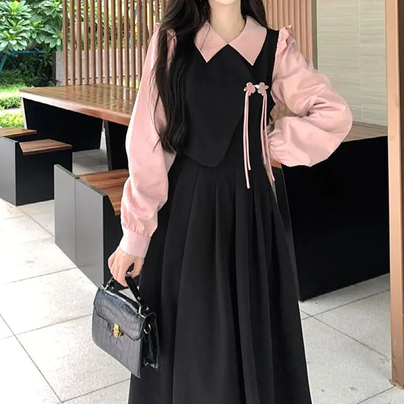 Chinese Disc Buckle Vintage Dresses Female Clothing Stylish Pleated Ruffles Spliced Spring Autumn Fake Two Pieces Midi Dress New