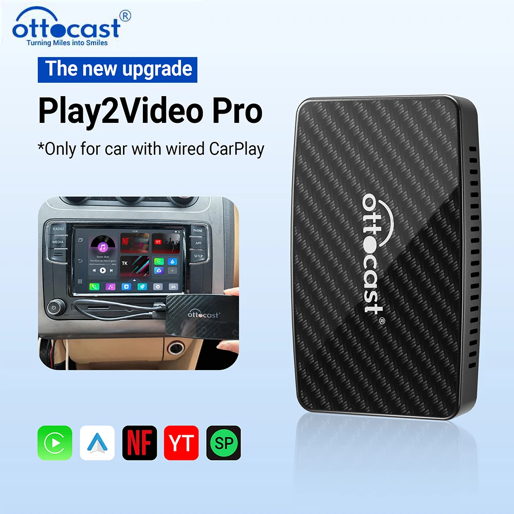 OTTOCAST Play2Video Pro Wireless Android Auto CarPlay Adapter USB Multimedia Video for Youtuber Car Accessories for VW Benz Audi