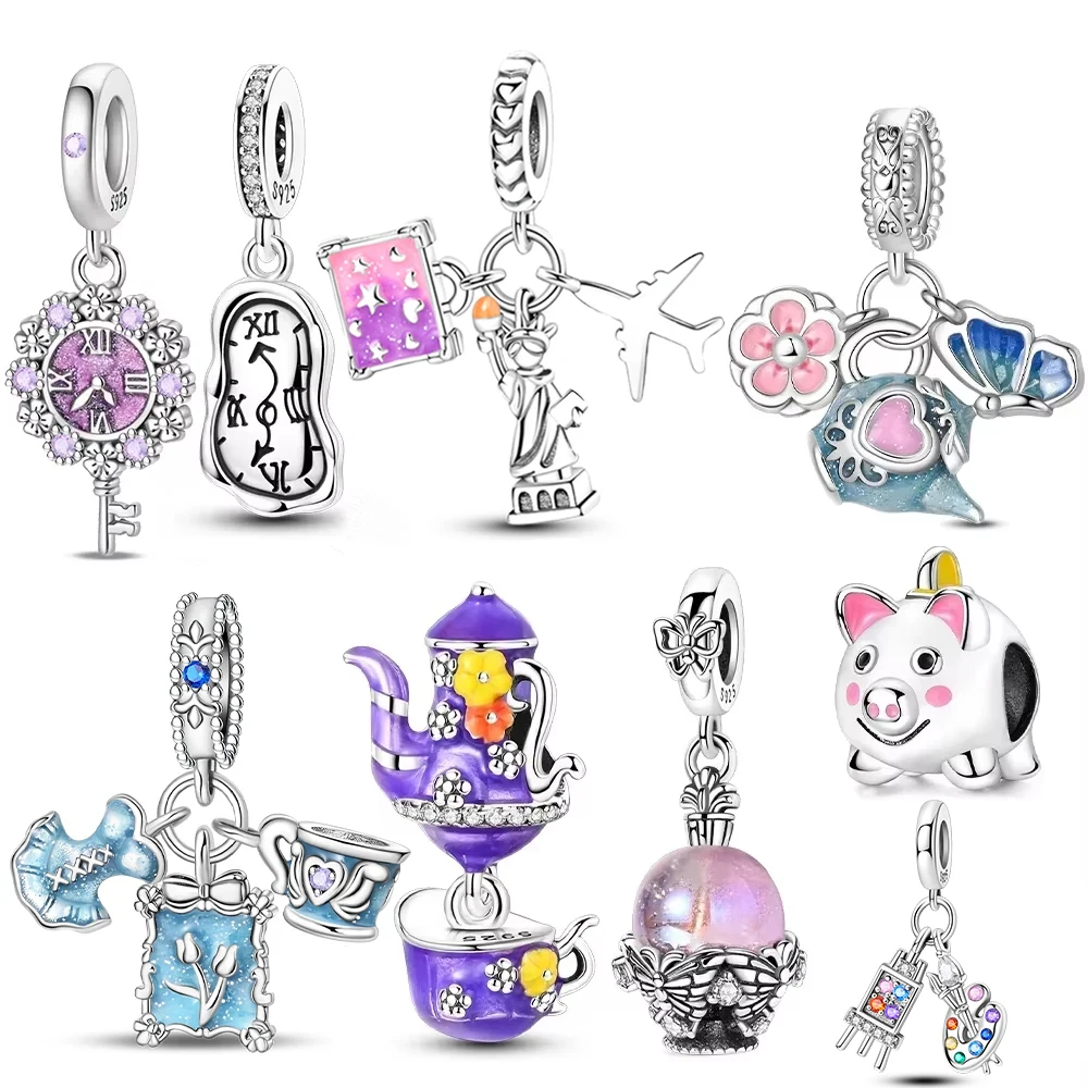 

Original 925 Silver Bracelet Making Women Jewelry DIY Birthday Anniversary Gift Charms Beads Elegant Teapot Flowers Clock Beads