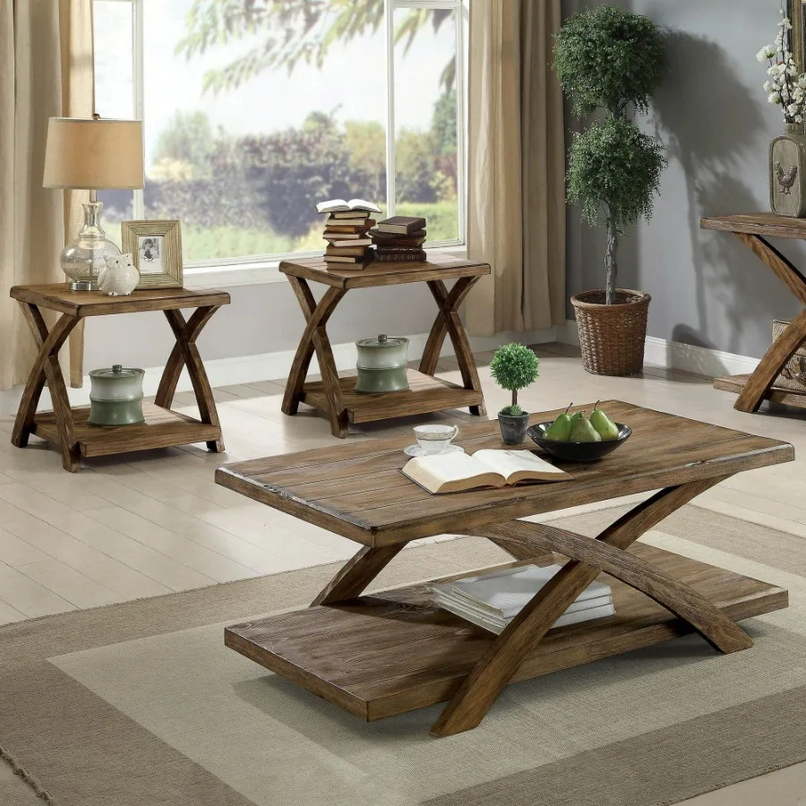 

Transitional 3pc Table set Occasional Tables Living Room 1x Coffee Table And 2x End Tables Plank Style Top Antique Light Oak