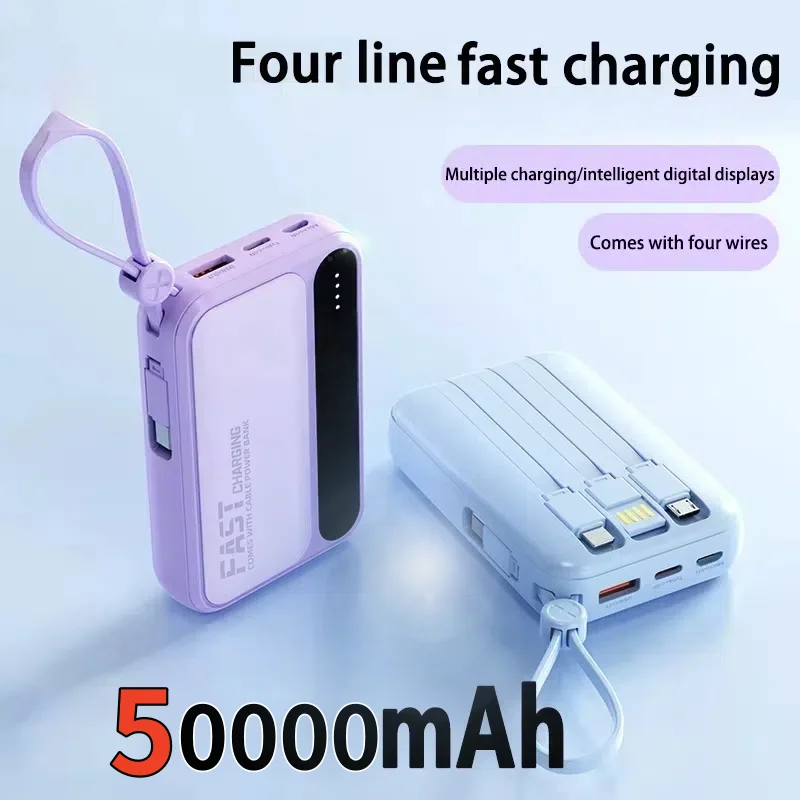 

Портативный внешний аккумулятор большой емкости со встроенными 4 кабелями, мини-банк с двусторонней быстрой зарядкой для iPhone, Samsung, 120 Вт 100000 мАч Новый