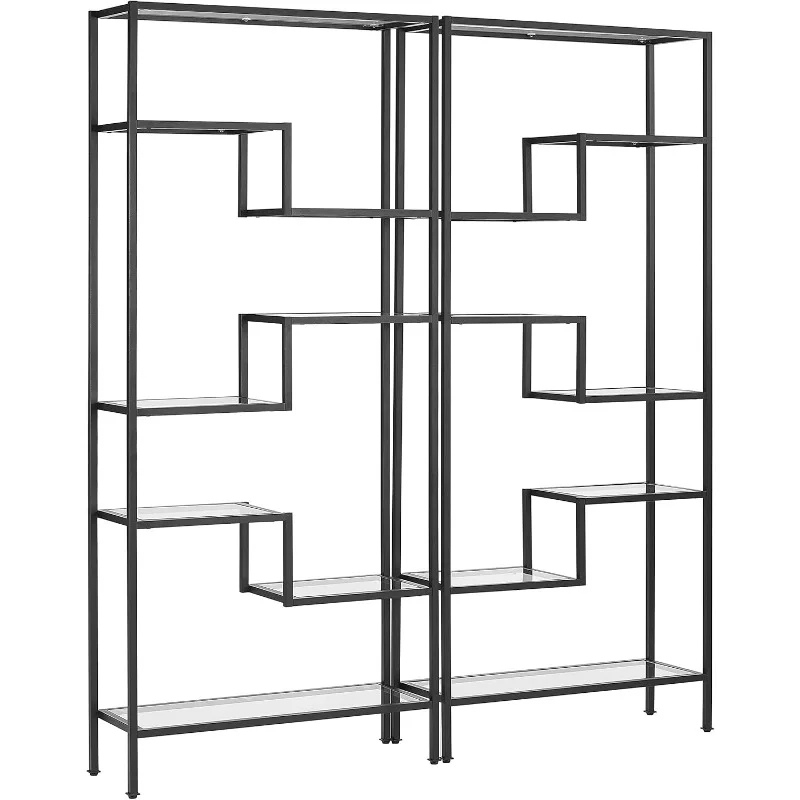 2-Piece Bookshelf Set with Glass Shelves, Bookcase Storage, Pairs well with modern and transitional décor burliness Matte Black