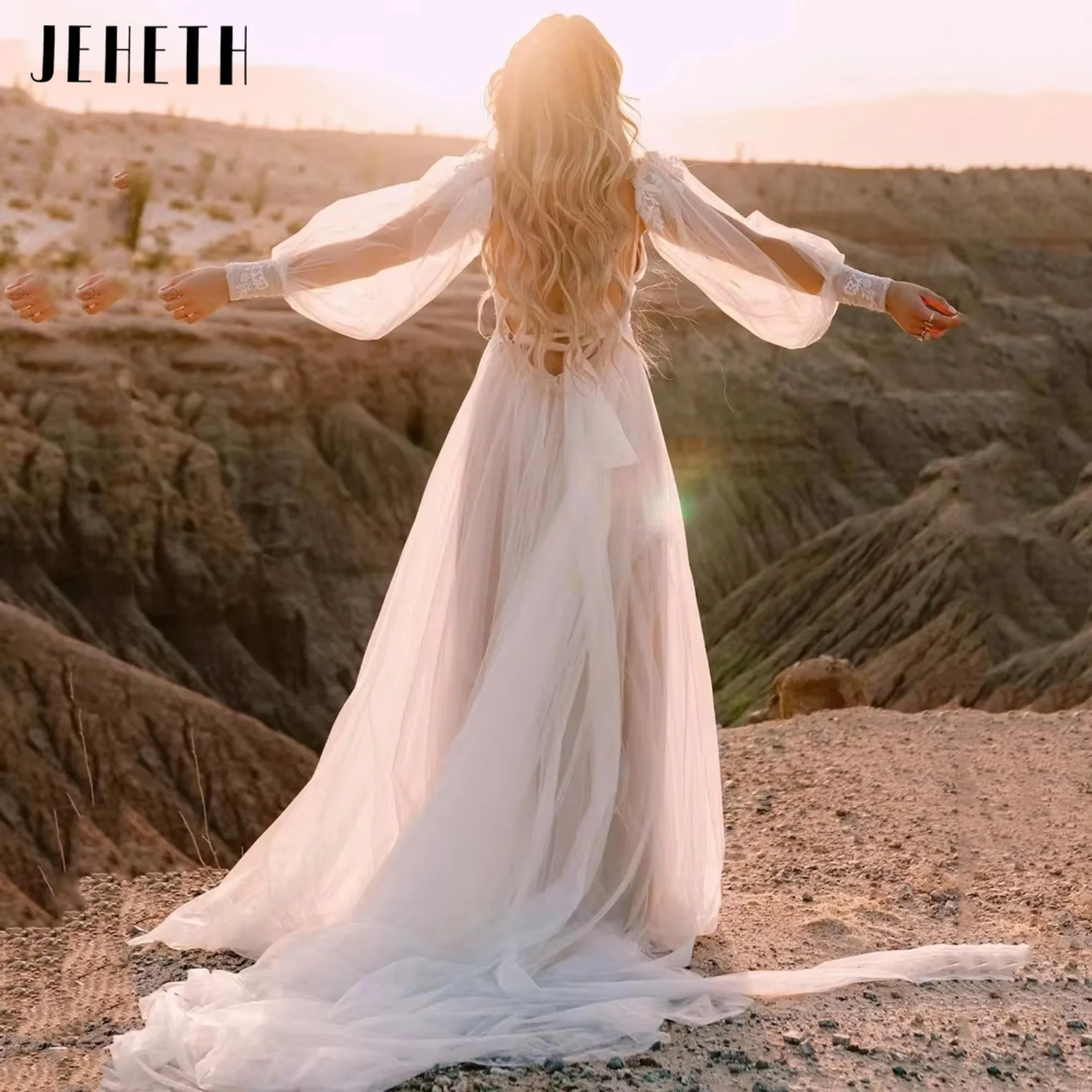 

JEHETH Boho A Line Tulle Wedding Dress Applique Split V-Neck Bride Dress Lantern Sleeves Gowns 2025 Vestidos De Novia Customized