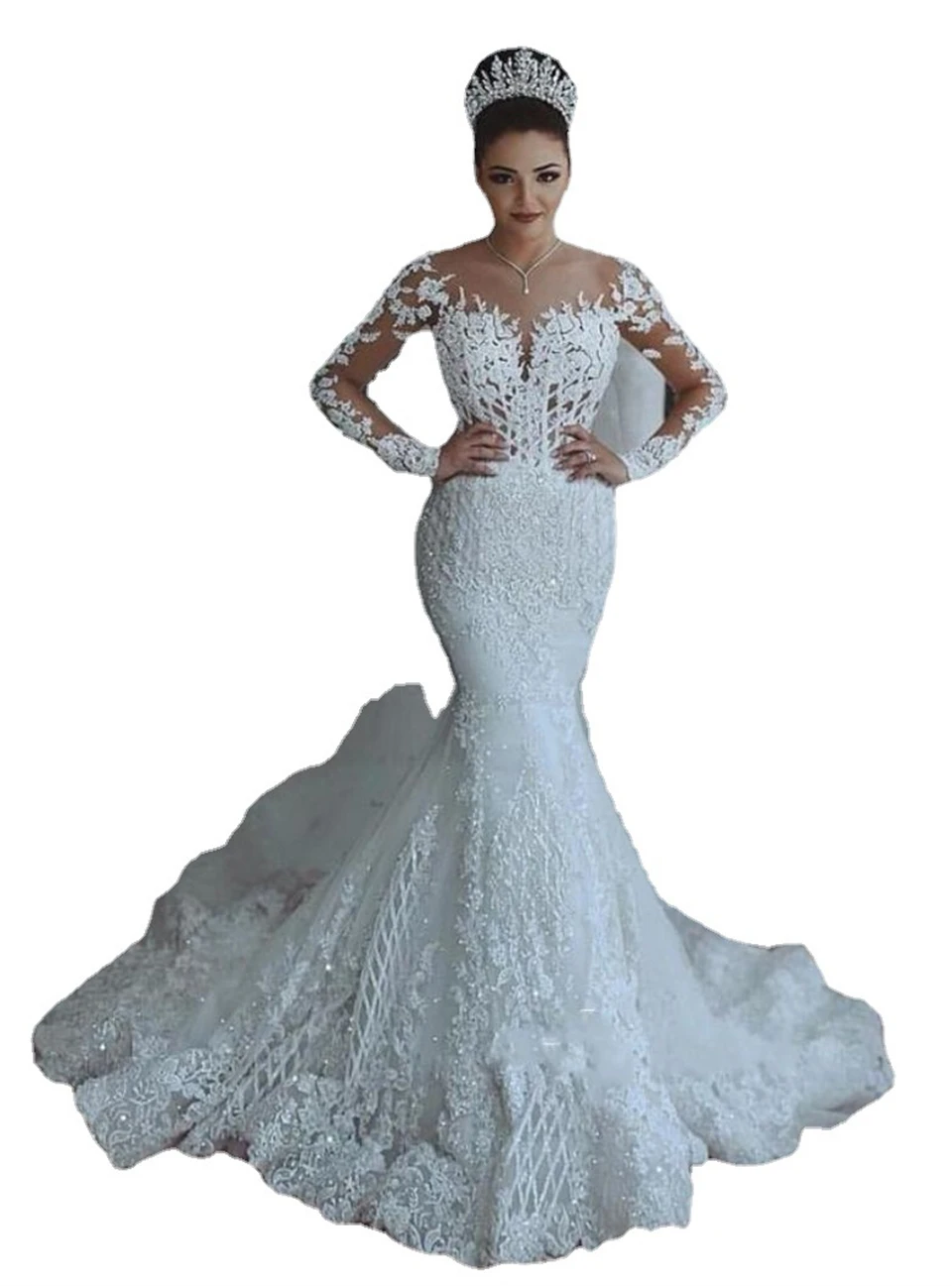 Elegant Tulle Appliques Lace Sequins Mermaid Full Sleeves Wedding Dresses 2024 Sweep Train Bridal Gowns Vestido De Noiva