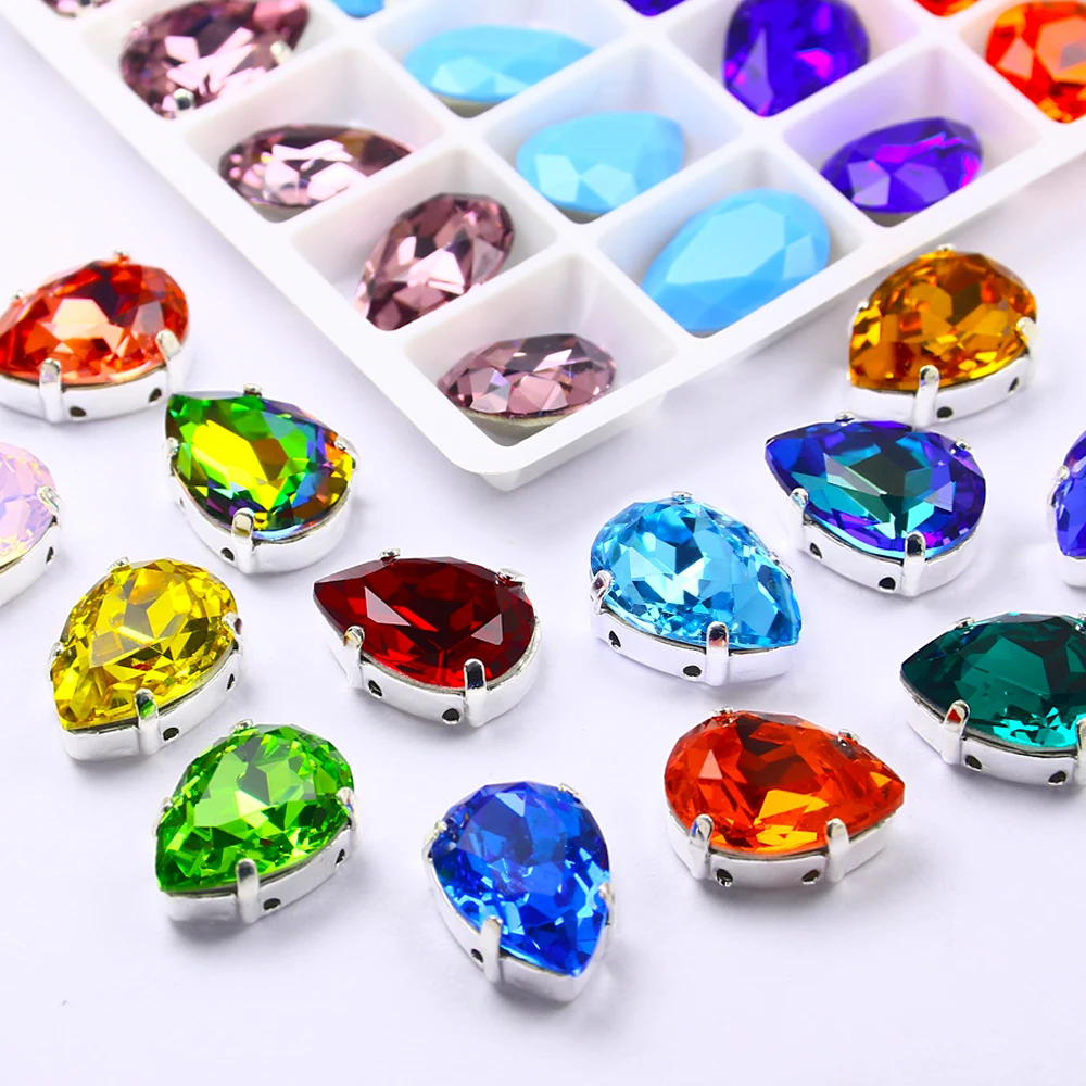 Drop Shape Glass Rhinestones with Claw, Sew On Teardrop Crystal Stone, Strass Diamond, Metal Base Buckle, Wedding Decoration