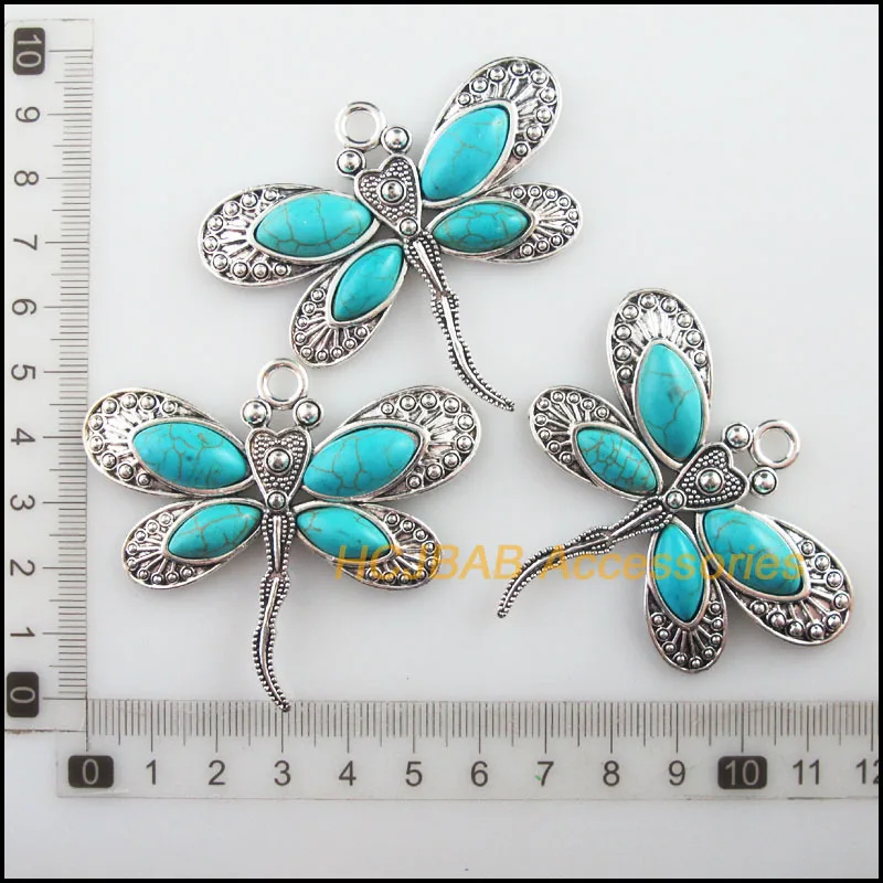 2Pcs Tibetan Silver Plated Animal Dragonfly Blue Stone Charms Pendants 61x53mm