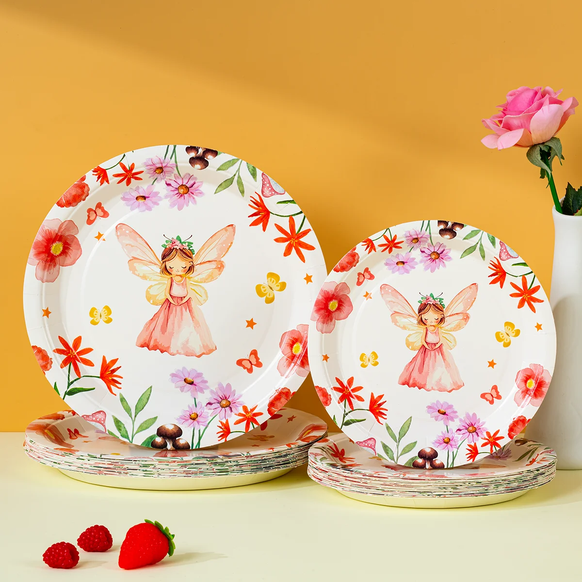 Assiettes en papier jetables à motif floral de fée princesse, 10/25/50 pièces, assiettes imprimées papillon pour filles, fête dans un jardin enchanté