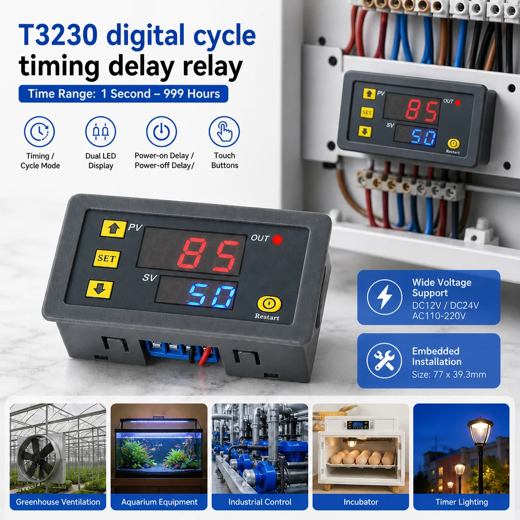 T3230 AC 110-220V DC 12V 24V Digital Delay Relay LED Display Cycle Timer Control Switch Adjustable Timing Delay Relay Switch