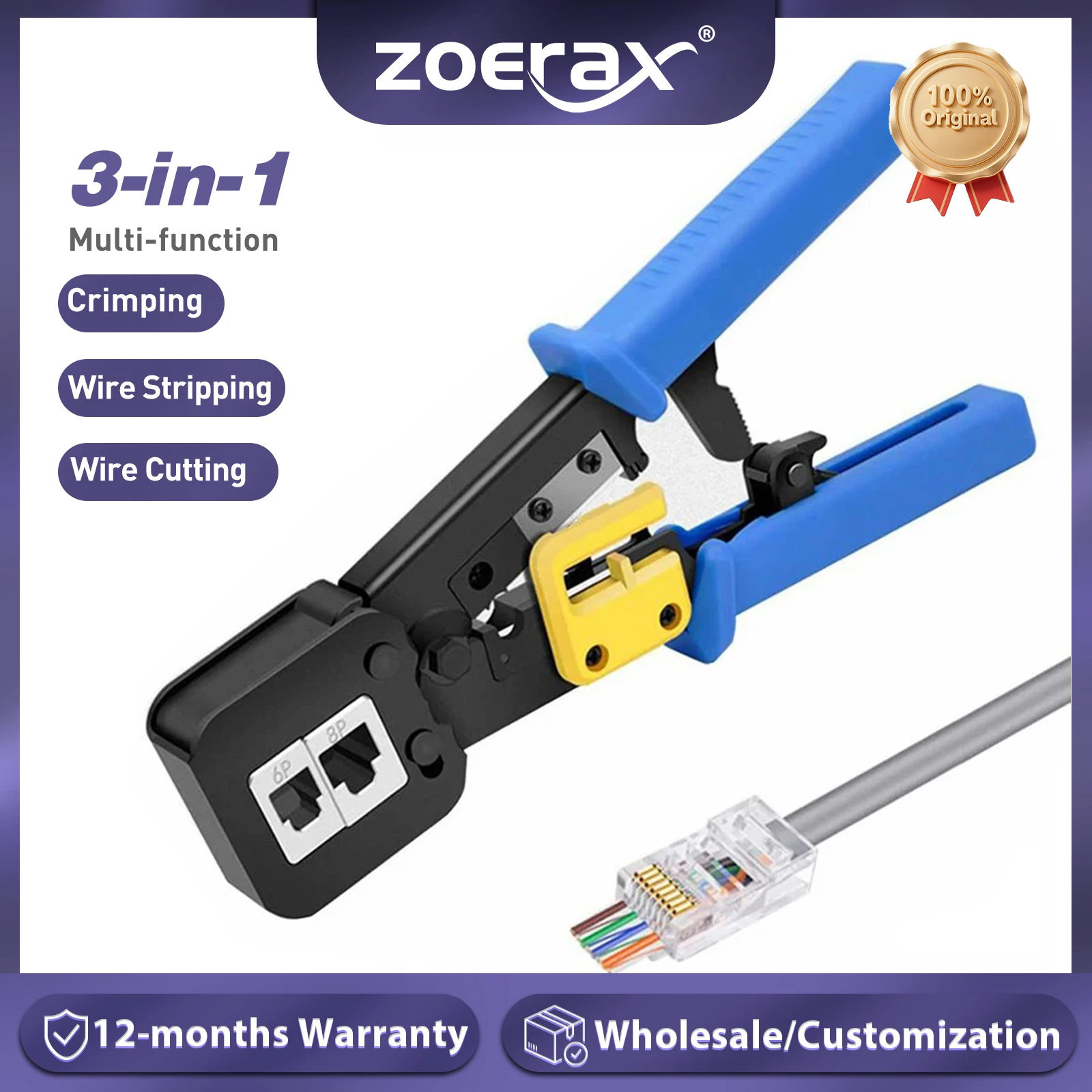 ZoeRax RJ45 Crimper for Pass-Through/EZ RJ11/RJ12/RJ45 connectors Cutter Stripper CAT5e/CAT6 Network Cable Wire Crimping Tool