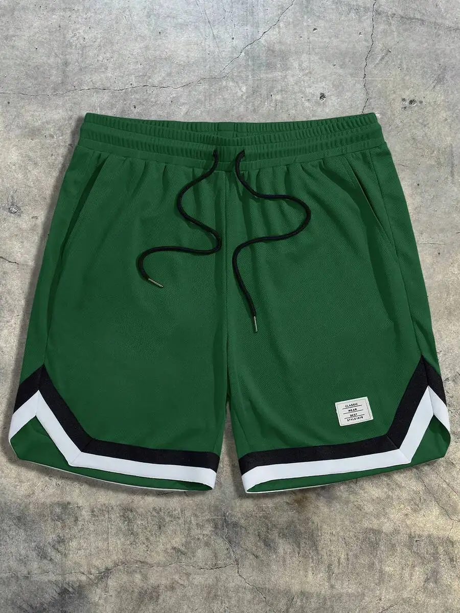 

AXEPEAK Loose Men's Letter Patched Drawstring Waist Contrast Tape Shorts, Streetwear Inspired