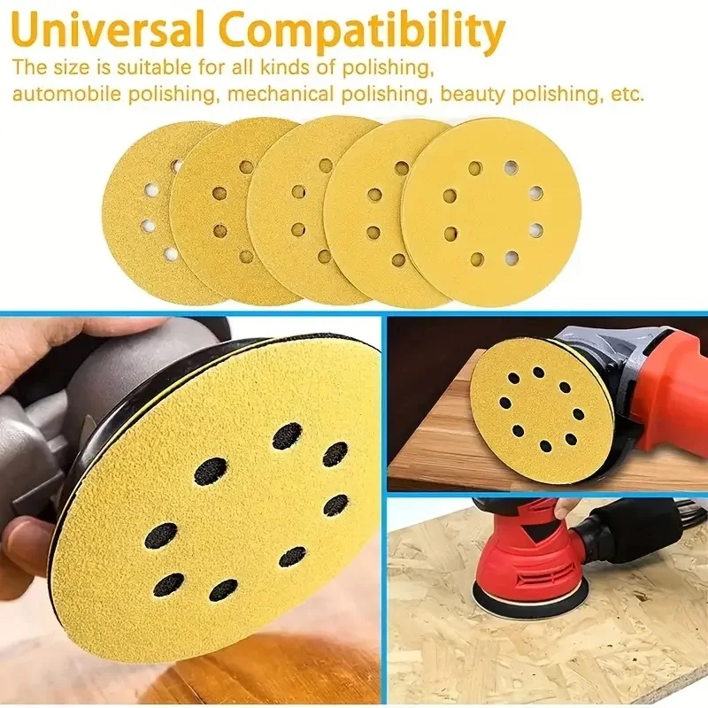 10/50pcs 5 Inch Yellow Sanding Discs 8 Holes 125mm Hook And Loop Aluminum Oxide Sandpapers For Polishing Random Orbital Sander