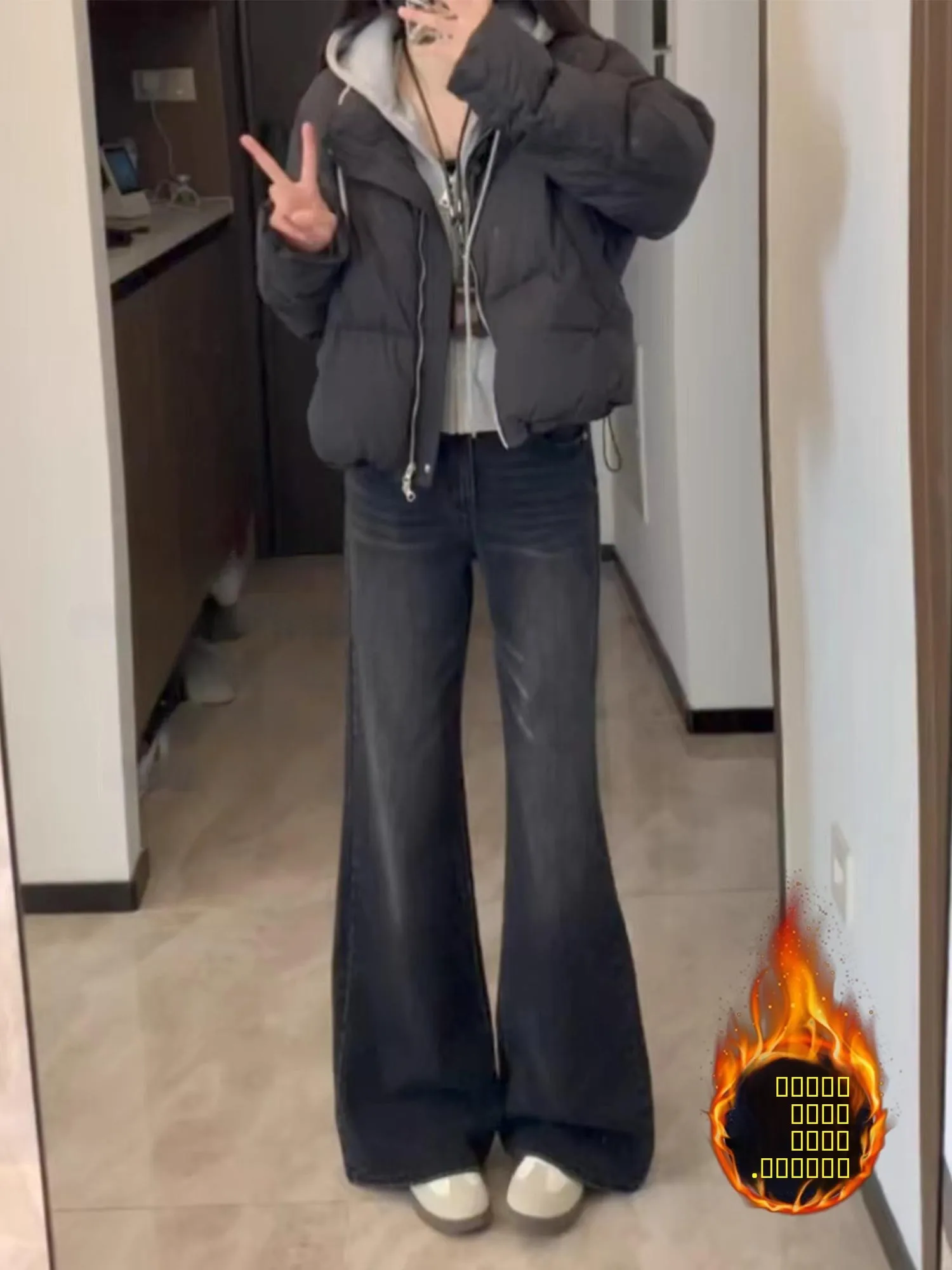 

Retro American Black Grey Washed Bell Bottom Jeans Women's Autumn Winter Fleece High Waist Slimming Non-Matching Leggings