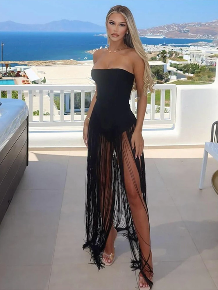 

SIsterlinda Tassel Valentine's Day Bodysuit Women Strapless Patchwork Sexy Beach Vacation Clubwear Midnight Party Tight Body Top