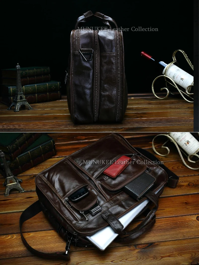 Luxury Full Grain Genuine Leather Men Briefcase Business Bag Cowhide Leather 14\