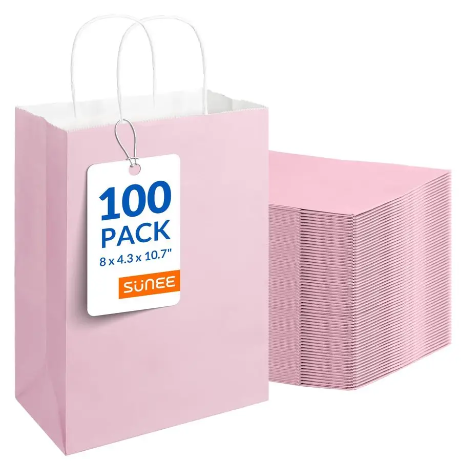 

Gift Bags with Handles 8x4.3x10.7, 100 Pcs Paper Bags Medium Size Bulk for Gift Wrapping, Retail, Party Favors and Small Busines