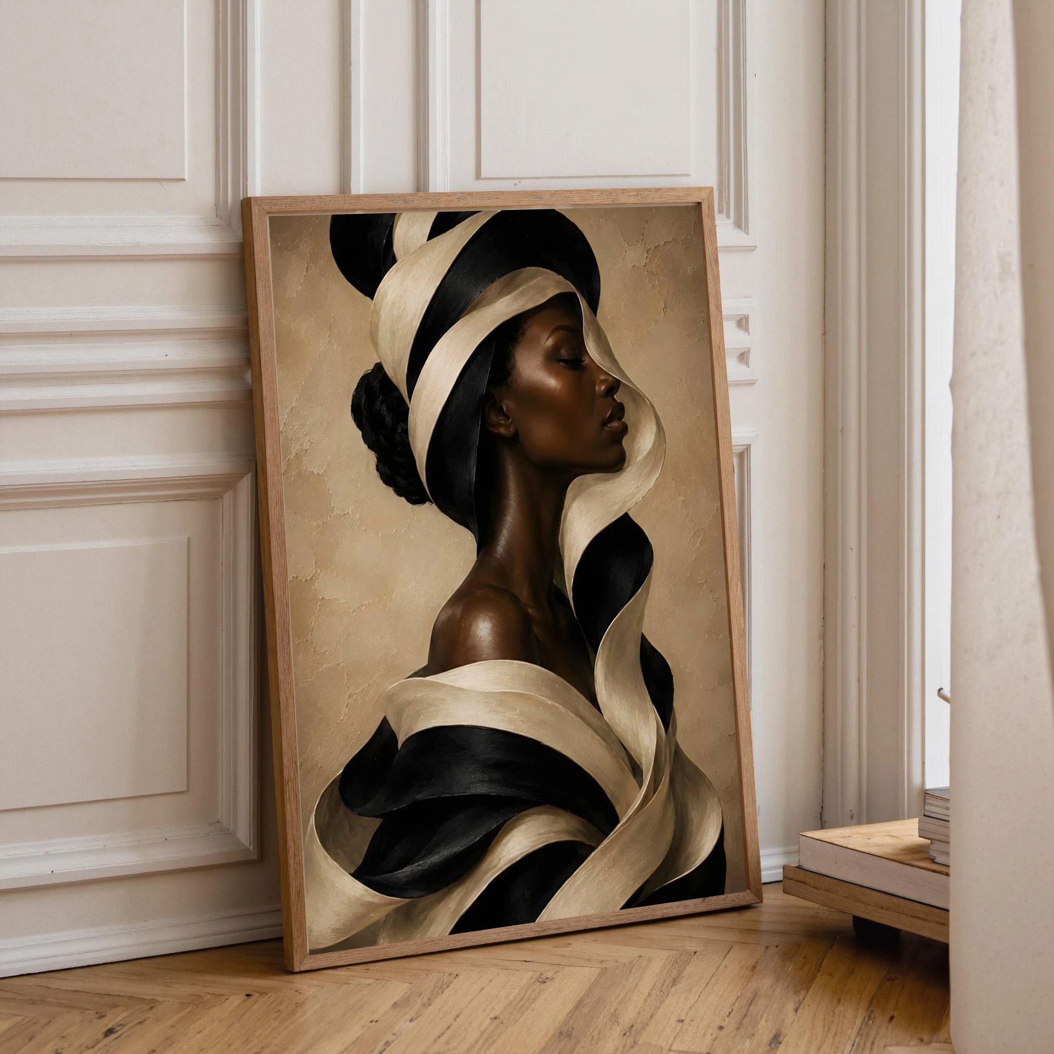 Abstract Africa Black Woman Black & White Stripes Girl Canvas Print Pictures Neutral Wall Art for Living Room Home Decor