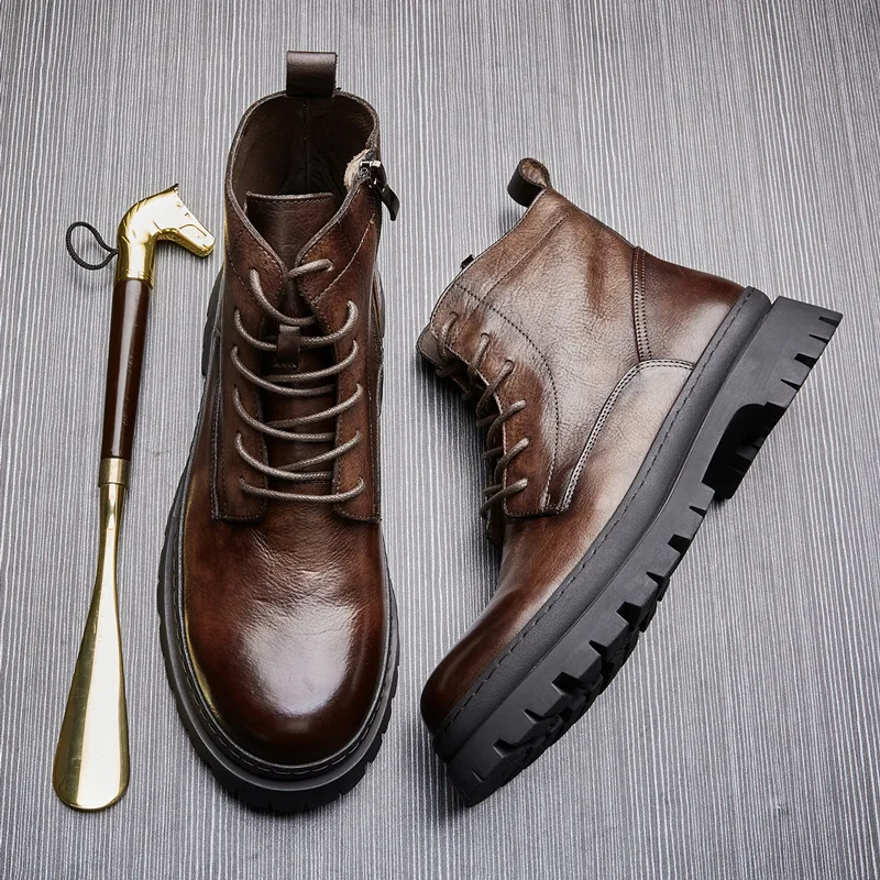 Men's boots high top 2026 British retro cowhide workwear boots trendy lace up motorcycle boots