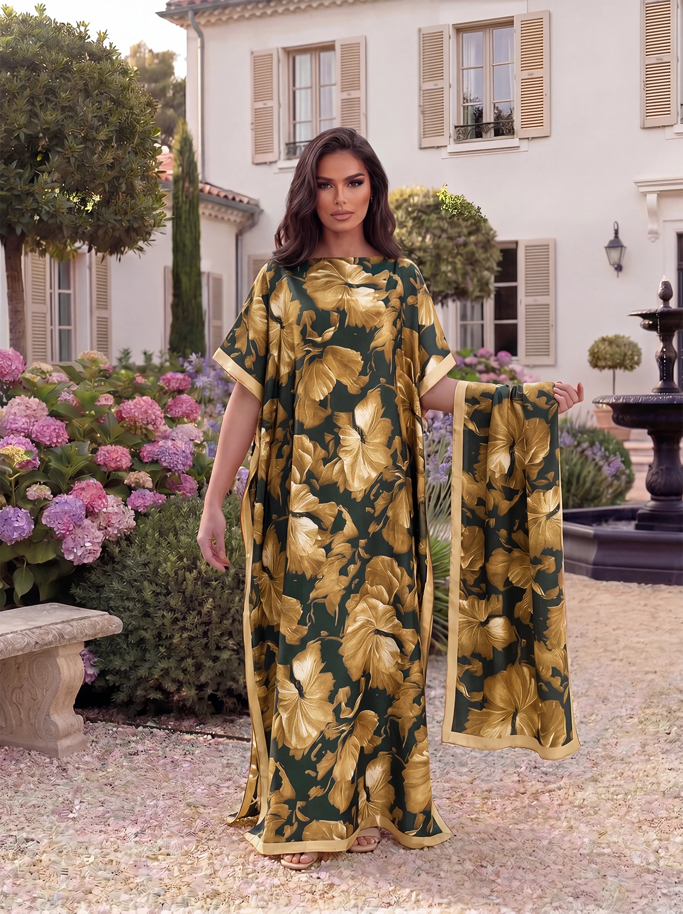 Boho Large Leaf Floral Print Satin Abaya Scarf Set, Loose Batwing Maxi Kaftan For Muslim Women Summer Beach Daily Holiday Wear view 3