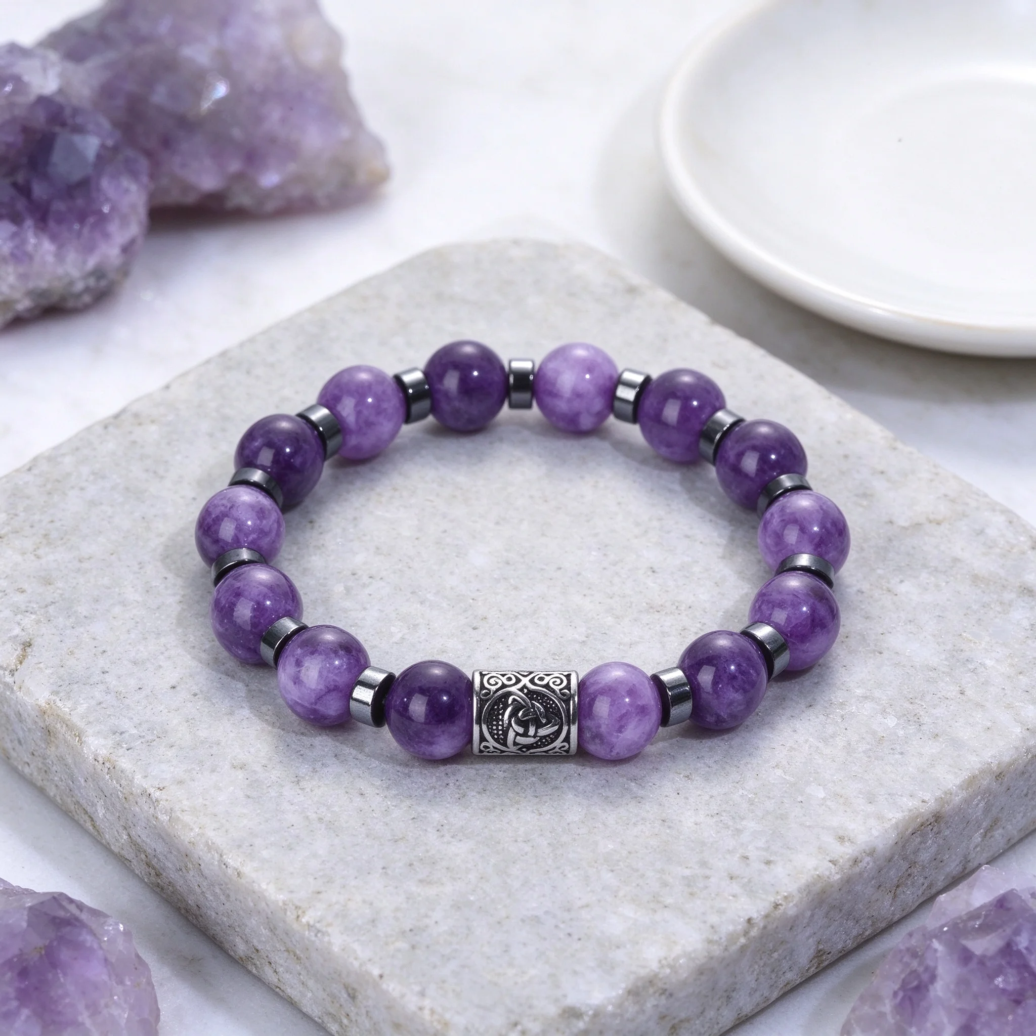 1pc Natural amethyst round beads paired with carved Celtic square beads bracelet, Oriental elegant beaded unisex jewelry gift