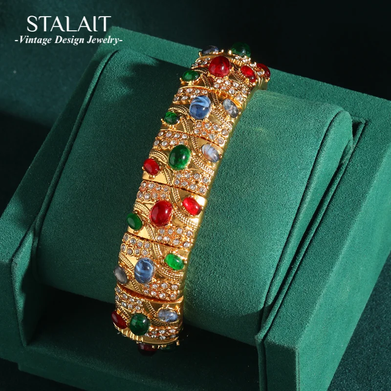 

Vintage Wide Elastic Bangle Natural Stone Inlaid Blue Green Color Bracelet Antique Jewelry Bracelets for Women Retro Accessories