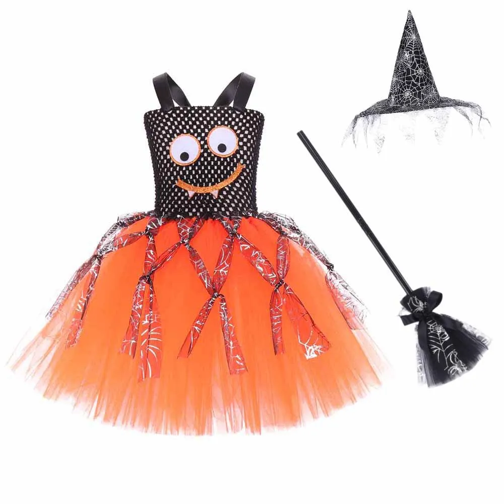 Halloween Girl Spider Pattern Fluffy Pink Mesh Tutu Dress Layered Tulle Dress Children Party Stage Performance Casual Outfit