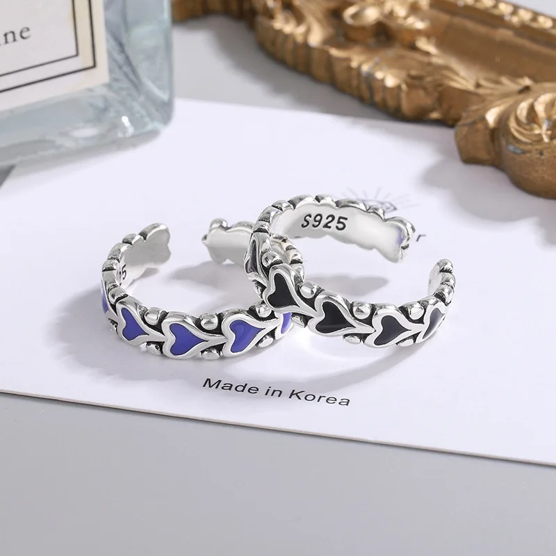 Anillos de plata de ley 925 con corazón negro y azul para mujer, joyería fina de lujo, accesorios de boda, regalo al por mayor, joyería femenina