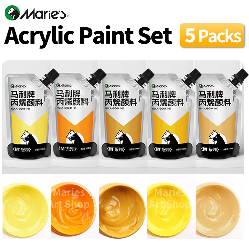 5pcs Marie's Yellow Colors Acrylic Paints Set,100ml/3.38oz Vibrant Drawing Pigments Kit for Models, ainting,Eggs for Artists