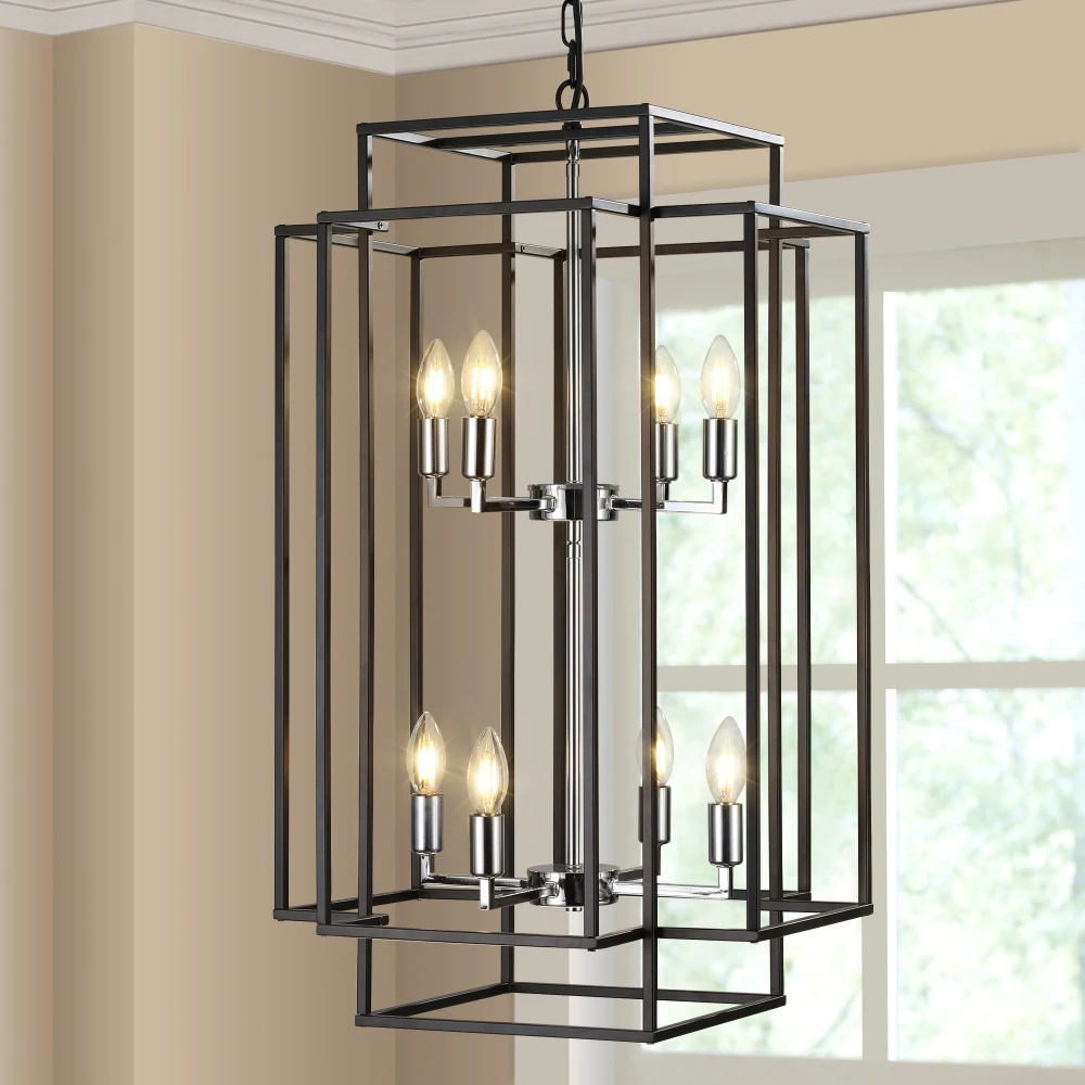 

Same as W1340142525/L1018-C 18" Modern 8-Light Black & Chrome Geometric Pendant, Industrial Frame, Adjustable for Living/Dining/
