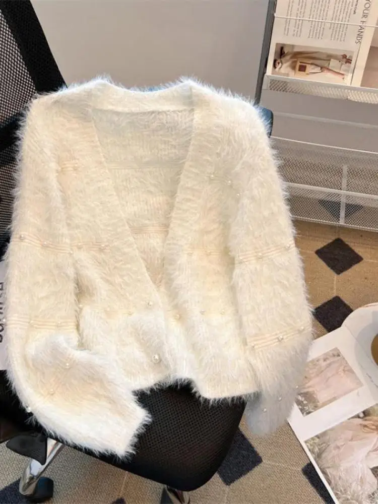 

Корейский модный женский однотонный элегантный вязаный свитер с v-образным вырезом и жемчужными пуговицами, осень-зима, свободные универсальные короткие топы с длинными рукавами, шикарные