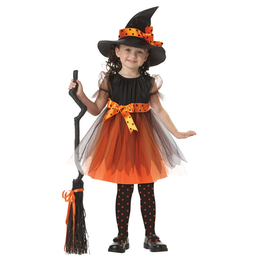 Halloween Girls Witch Cosplay Costume Carnival Party Orange Vampires Dress Up Witch Hat Tulle Broom Stage Performance Costume